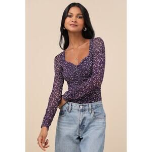 Lulus Adoring Desire Dark Purple Floral Print Mesh Ruched Bodysuit - Size M